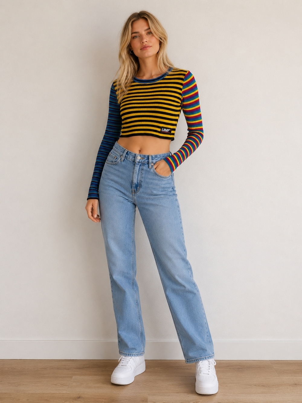 UNIF Vintage Rainbow Striped Cropped Knit Sweater Y2K Grunge Women’s XS/S